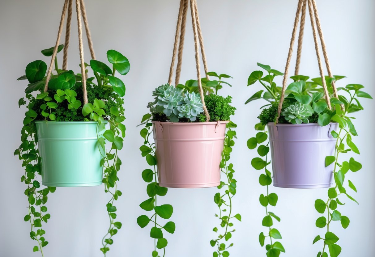 25+ Hanging Bucket Planter Ideas: Creative Ways to Elevate Your US Garden Space 6 Three small colorful hanging buckets with green plants inside, suspended by ropes against a plain background.