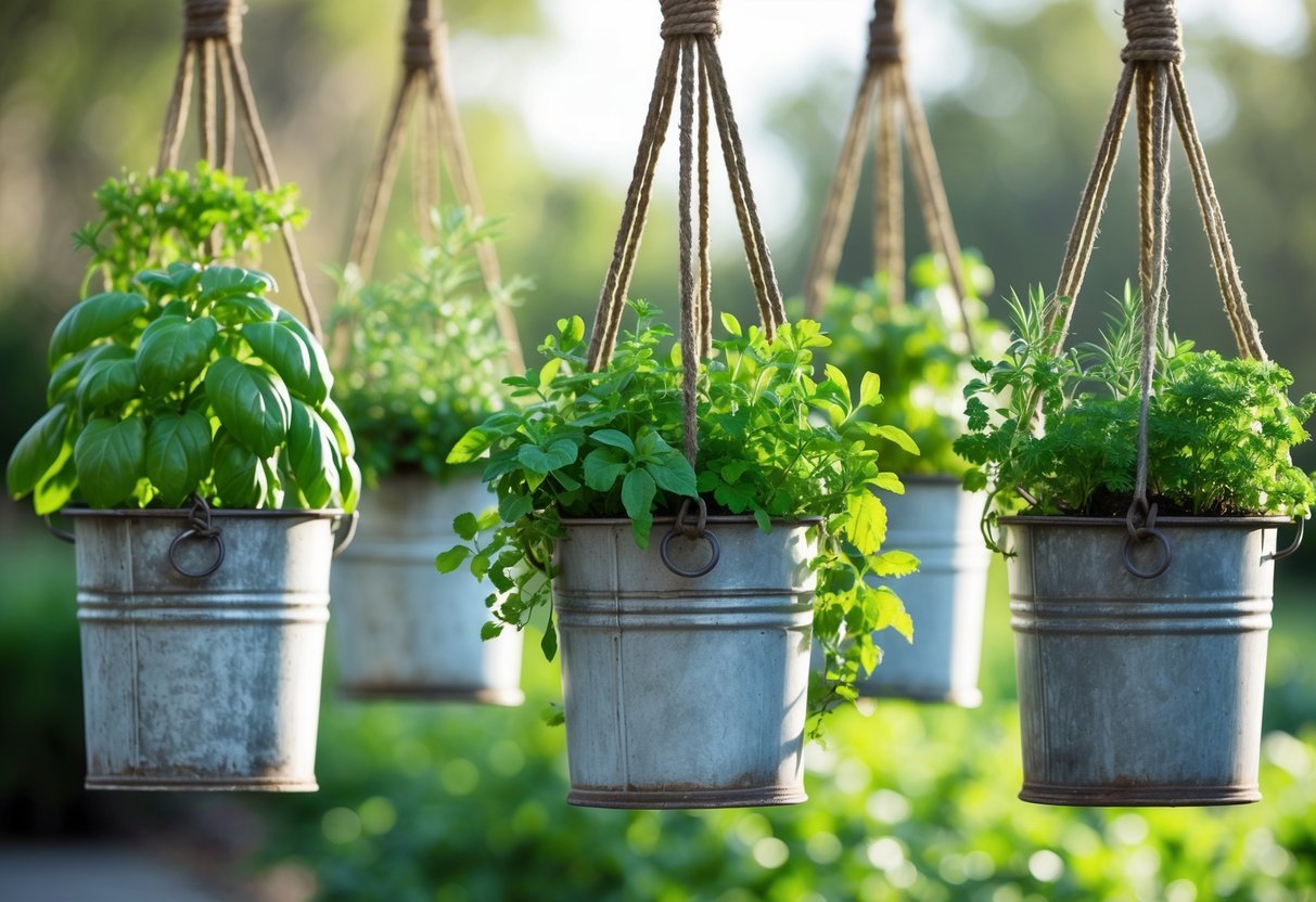 25+ Hanging Bucket Planter Ideas: Creative Ways to Elevate Your US Garden Space 7 Five hanging metal buckets filled with fresh green herbs suspended outdoors against a blurred background.