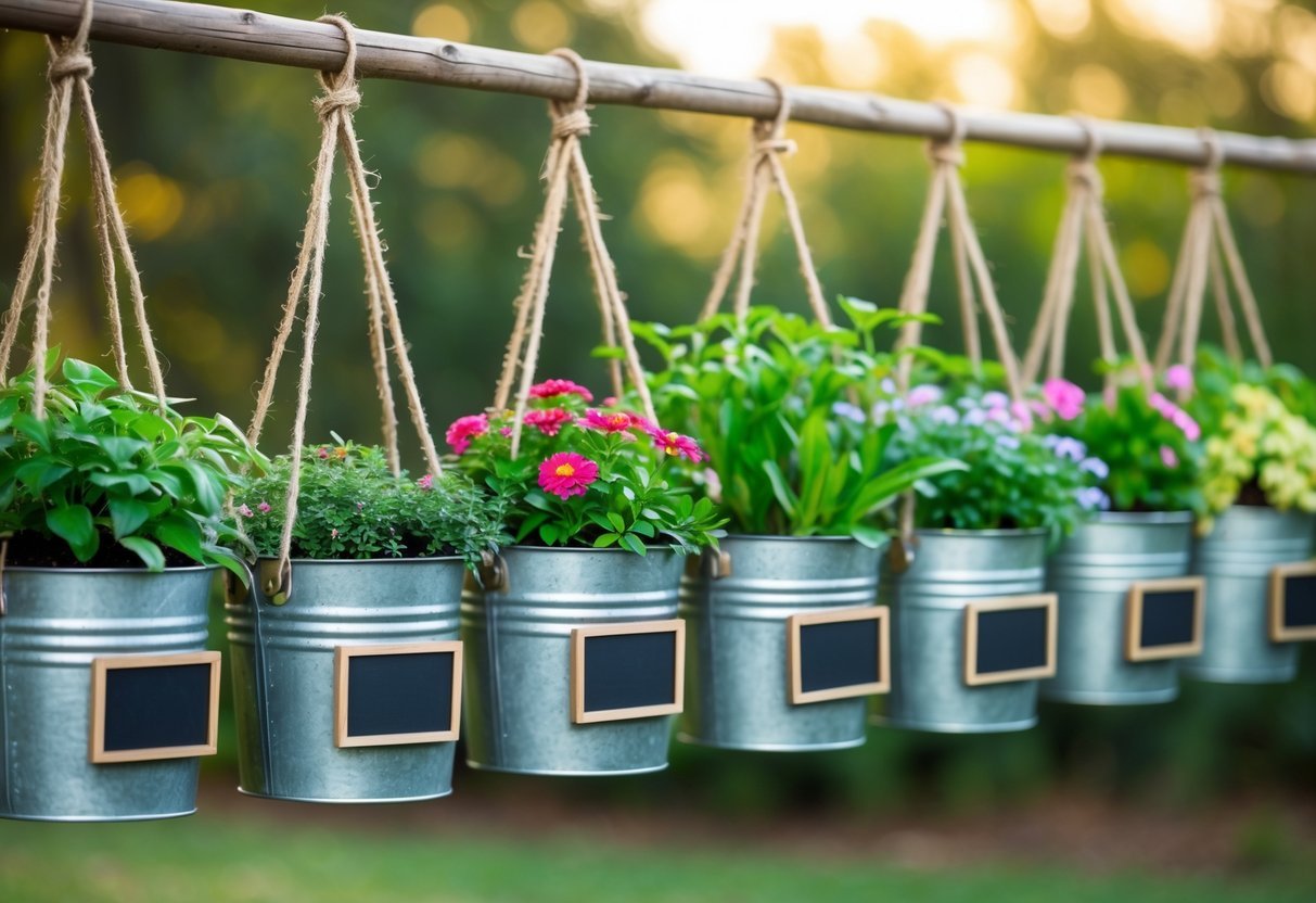 25+ Hanging Bucket Planter Ideas: Creative Ways to Elevate Your US Garden Space 8 Six hanging metal bucket planters with blank chalkboard labels, filled with green plants and colorful flowers, hanging outdoors against a blurred natural background.