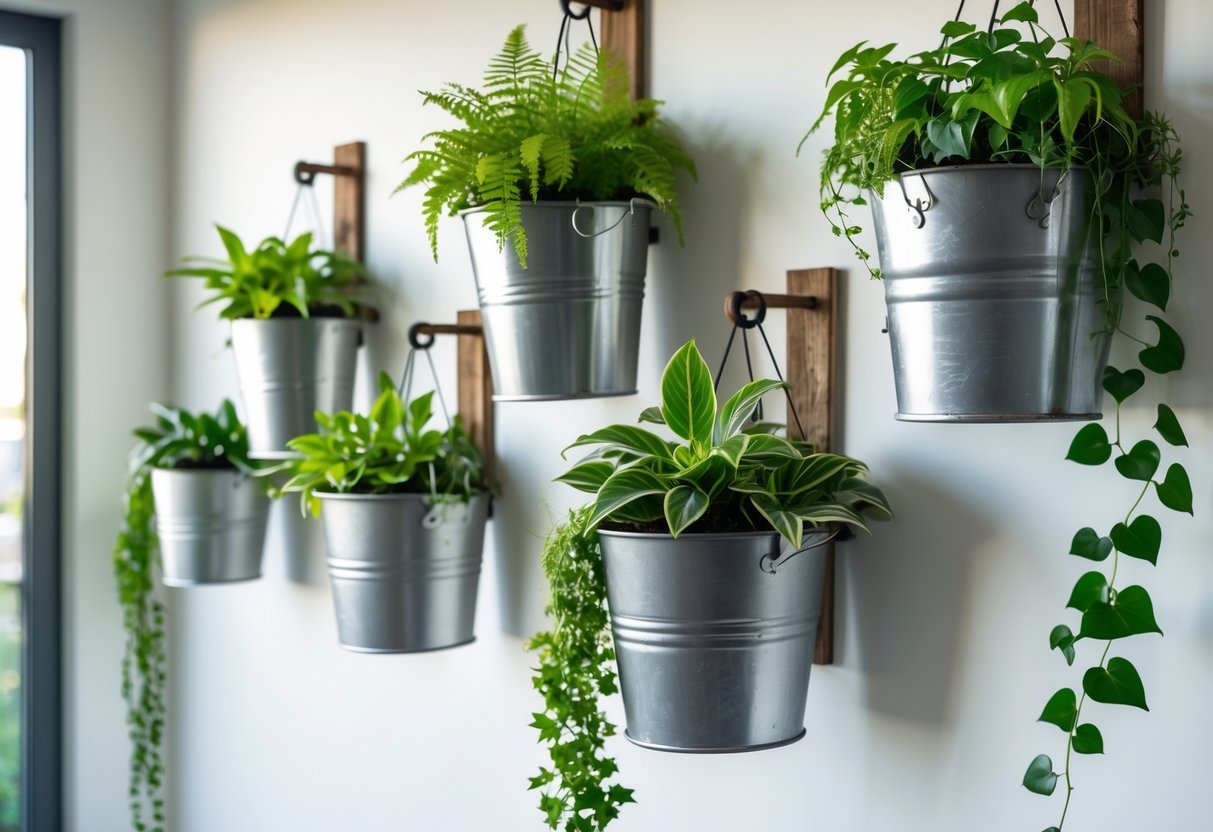25+ Hanging Bucket Planter Ideas: Creative Ways to Elevate Your US Garden Space 9 A wall with several hanging buckets mounted on it, each holding green plants like ferns and succulents.
