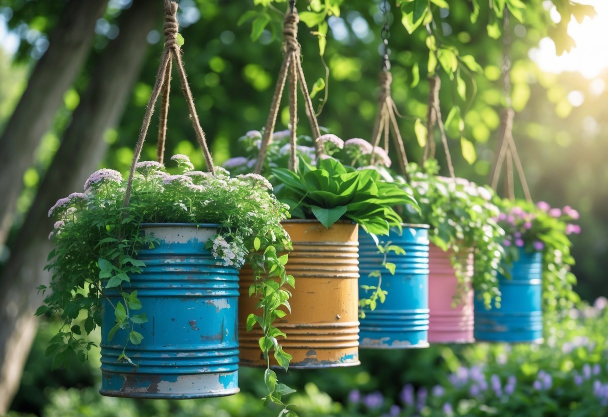 25+ Hanging Bucket Planter Ideas: Creative Ways to Elevate Your US Garden Space 10 Hanging recycled paint cans used as planters with green plants and flowers outdoors.