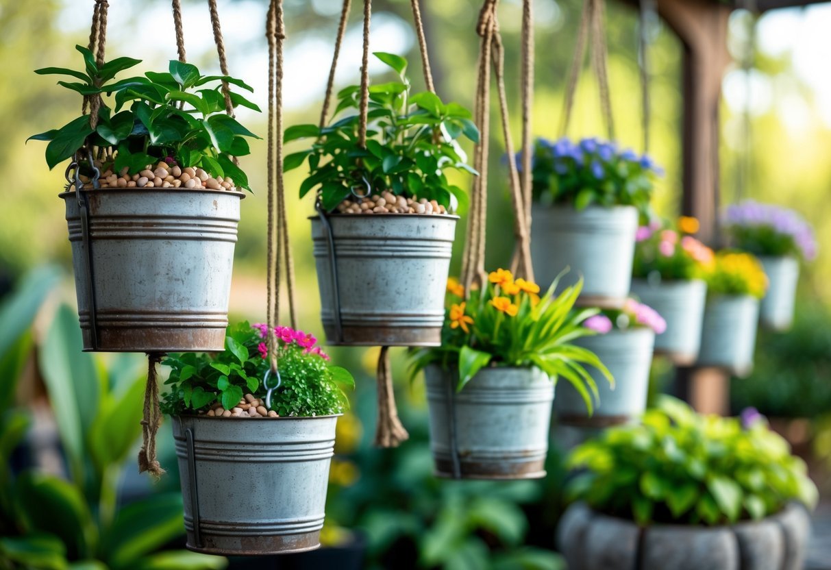 25+ Hanging Bucket Planter Ideas: Creative Ways to Elevate Your US Garden Space 11 Nine hanging bucket planters filled with green plants and colorful flowers, each containing drainage pebbles at the bottom.