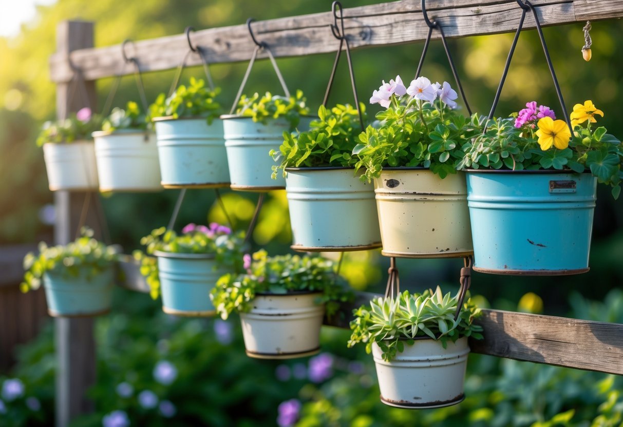 25+ Hanging Bucket Planter Ideas: Creative Ways to Elevate Your US Garden Space 12 Ten vintage enamel bucket planters hanging outdoors with green plants and colorful flowers against a blurred garden background.