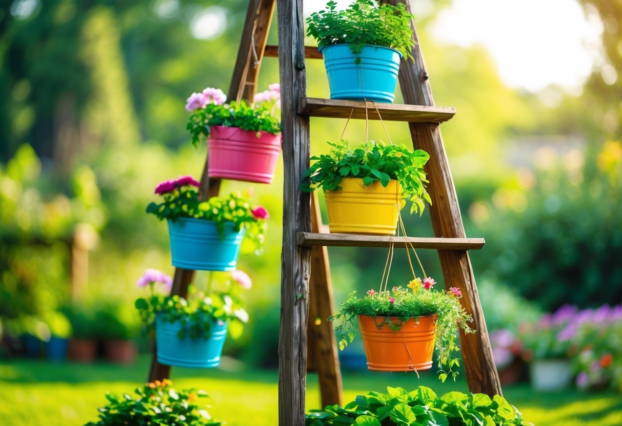 25+ Hanging Bucket Planter Ideas: Creative Ways to Elevate Your US Garden Space 13 A wooden ladder frame outdoors with several hanging buckets filled with green plants and flowers.
