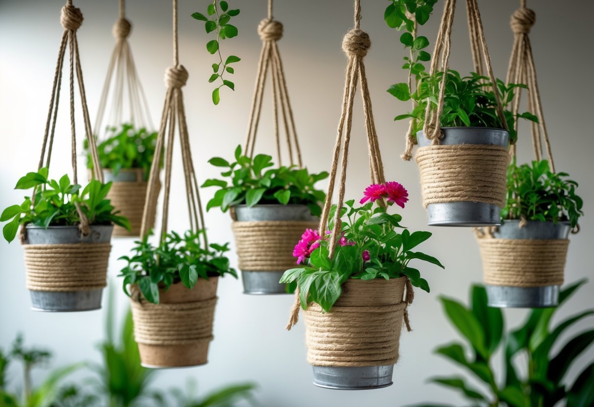 25+ Hanging Bucket Planter Ideas: Creative Ways to Elevate Your US Garden Space 14 Twelve hanging buckets wrapped in rope with green plants and flowers inside, suspended at different heights.