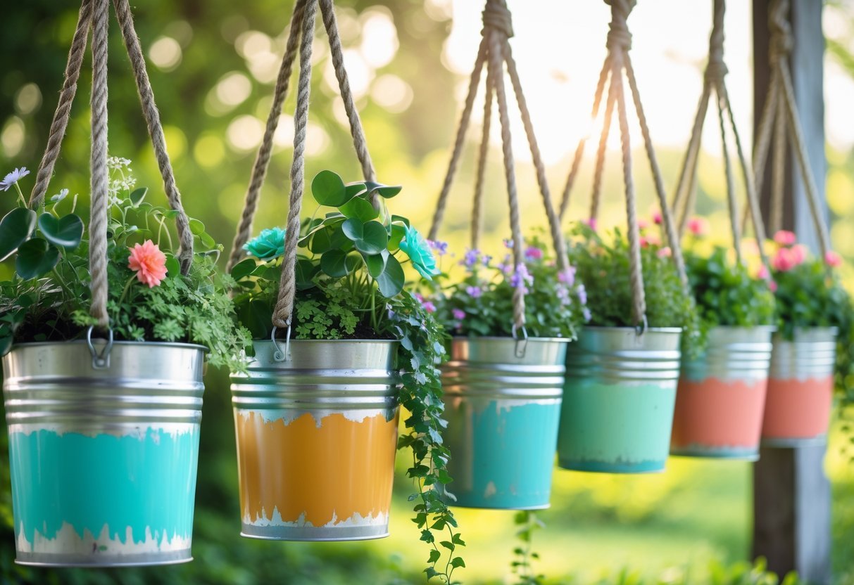 25+ Hanging Bucket Planter Ideas: Creative Ways to Elevate Your US Garden Space 15 Several colorful metal buckets hanging outdoors, each holding green plants and flowers.