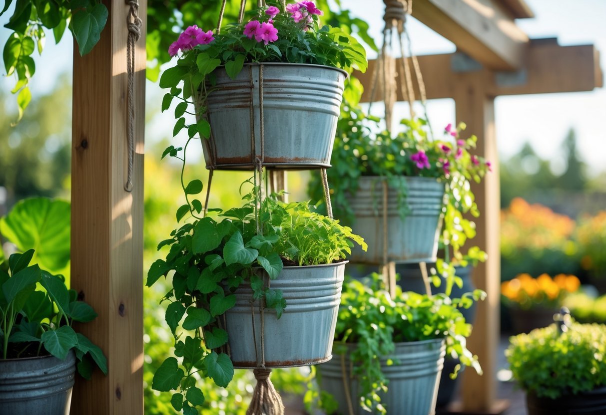 25+ Hanging Bucket Planter Ideas: Creative Ways to Elevate Your US Garden Space 16 A tiered hanging bucket planter system with multiple levels of metal buckets filled with green plants and colorful flowers hanging outdoors in a garden setting.