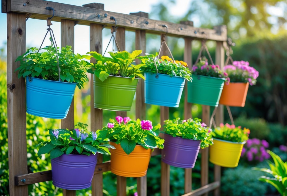 25+ Hanging Bucket Planter Ideas: Creative Ways to Elevate Your US Garden Space 17 Fifteen colorful buckets filled with plants and flowers hanging on a wooden garden trellis outdoors.