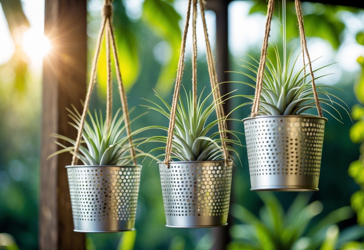 25+ Hanging Bucket Planter Ideas: Creative Ways to Elevate Your US Garden Space 18 Several perforated metal buckets hanging by ropes, each holding green air plants, with a blurred natural background.