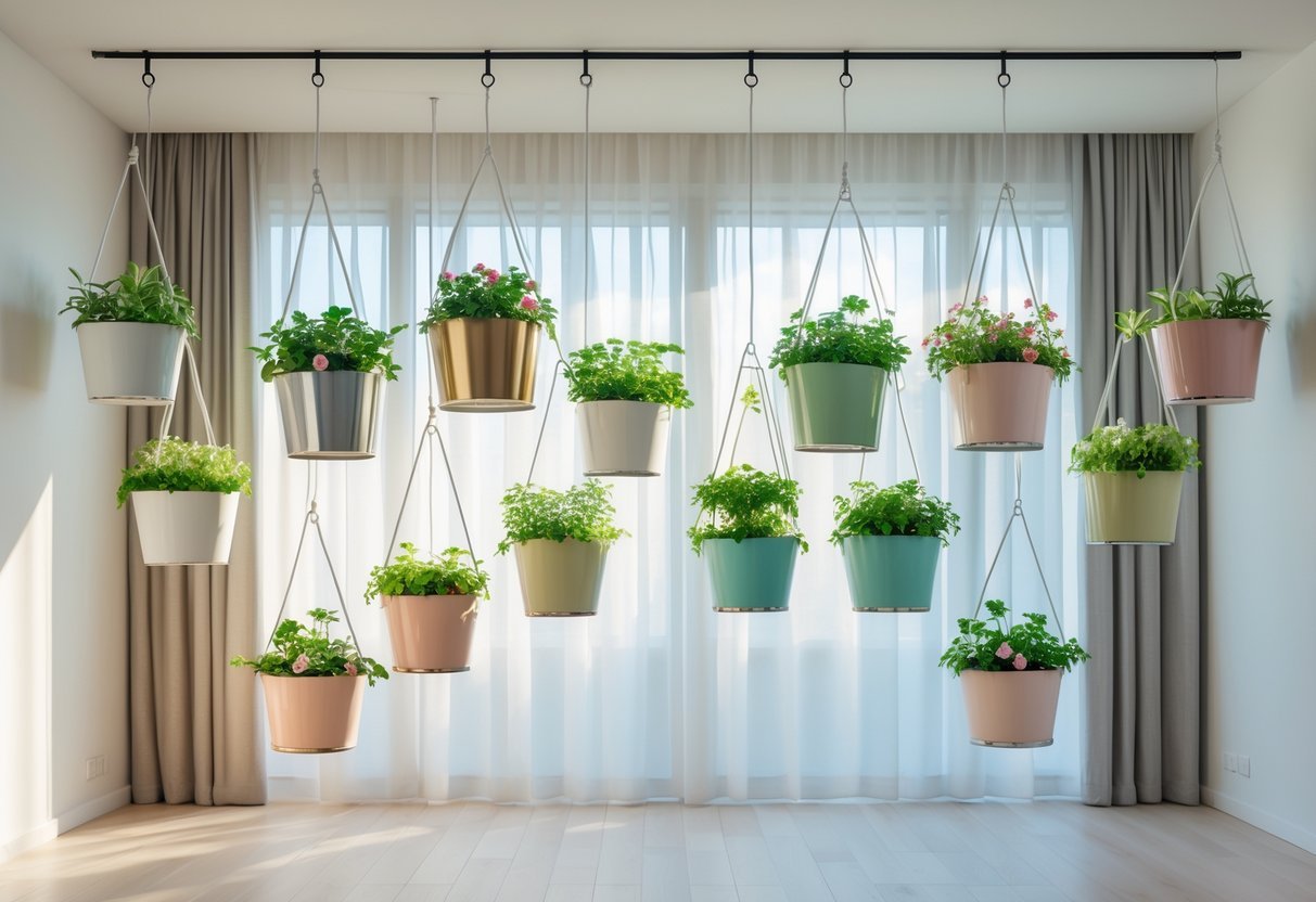25+ Hanging Bucket Planter Ideas: Creative Ways to Elevate Your US Garden Space 19 Several hanging buckets with green plants suspended from a curtain rod in a bright indoor room with a window and sheer curtains.