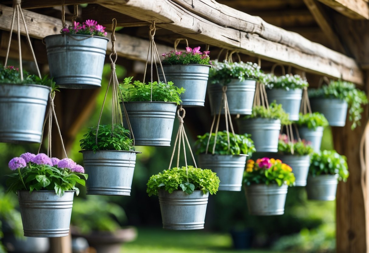 25+ Hanging Bucket Planter Ideas: Creative Ways to Elevate Your US Garden Space 20 Eighteen metal buckets hanging from a wooden beam, each containing green plants and flowers.