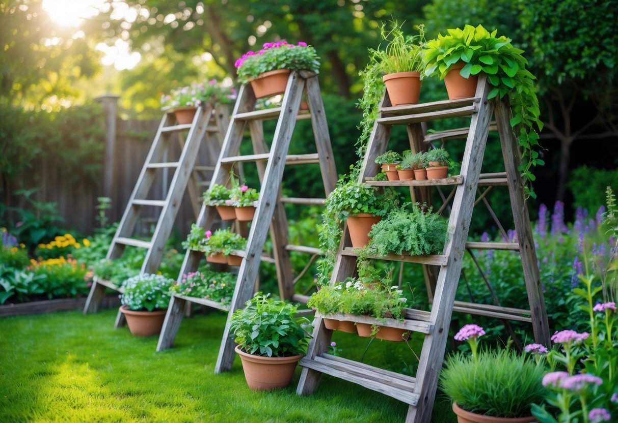 24+ Garden Ideas Using Old Ladders: Creative Ways to Transform Your Outdoor Space in the US 2 Old wooden ladders used as plant stands in a garden with flowers and greenery around.