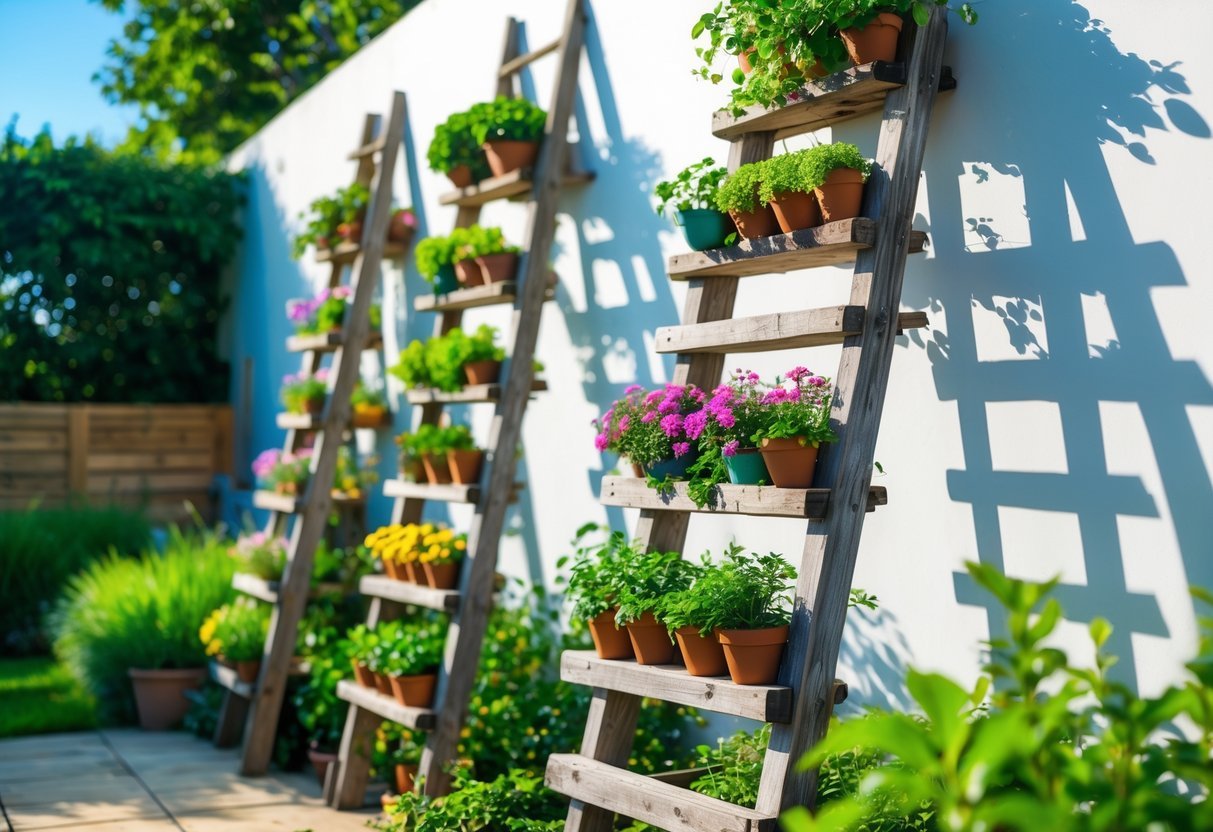 24+ Garden Ideas Using Old Ladders: Creative Ways to Transform Your Outdoor Space in the US 3 A vertical garden made from old wooden ladders holding colorful flowering plants and green foliage outdoors.