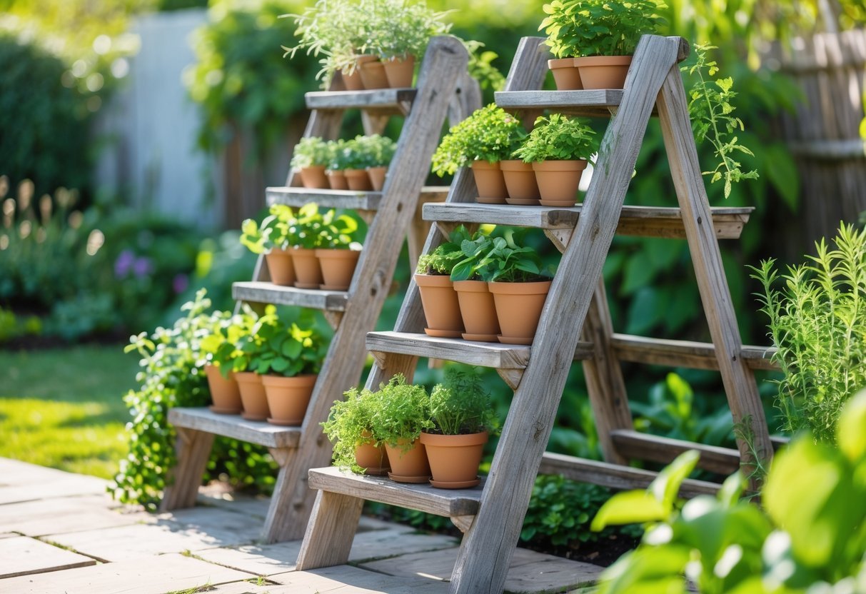 24+ Garden Ideas Using Old Ladders: Creative Ways to Transform Your Outdoor Space in the US 4 Old wooden ladders used as multi-tiered stands holding pots of green herbs in a sunny outdoor garden.