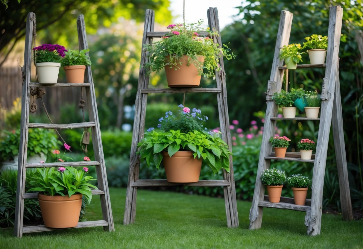 24+ Garden Ideas Using Old Ladders: Creative Ways to Transform Your Outdoor Space in the US 5 Three old wooden ladders repurposed as hanging pot holders with colorful plants in a garden.