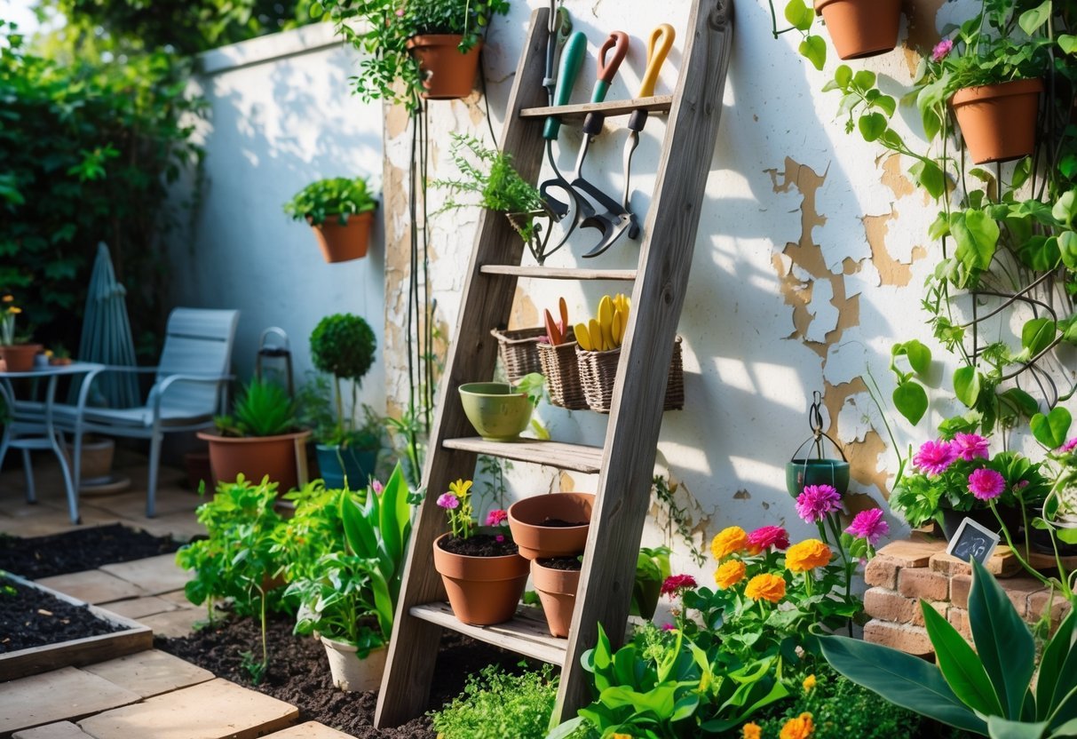 24+ Garden Ideas Using Old Ladders: Creative Ways to Transform Your Outdoor Space in the US 6 An old wooden ladder used to organize garden tools, surrounded by plants and flowers in a garden setting.