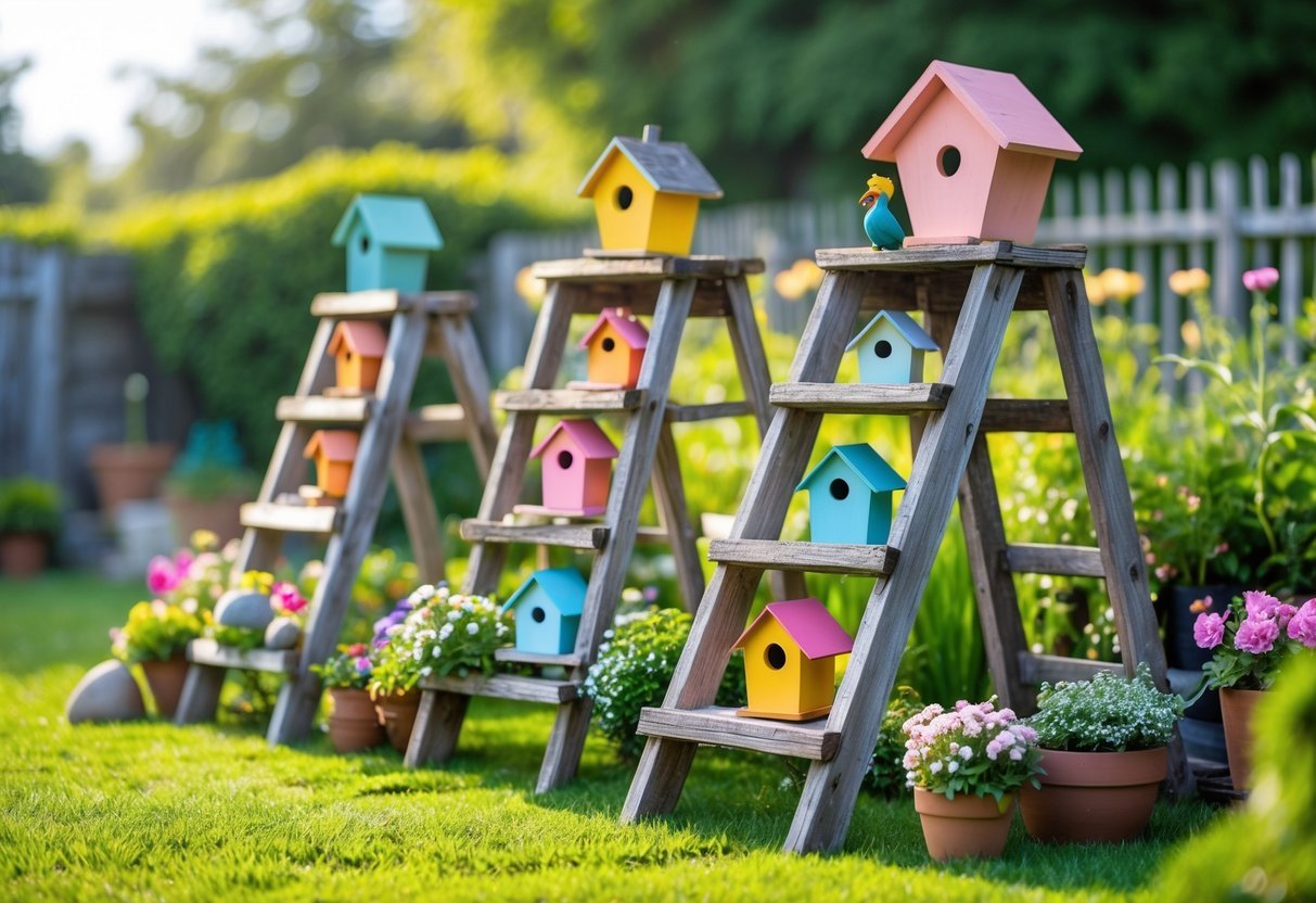 24+ Garden Ideas Using Old Ladders: Creative Ways to Transform Your Outdoor Space in the US 7 Outdoor garden scene with old wooden ladders displaying colorful birdhouses surrounded by flowers and greenery.
