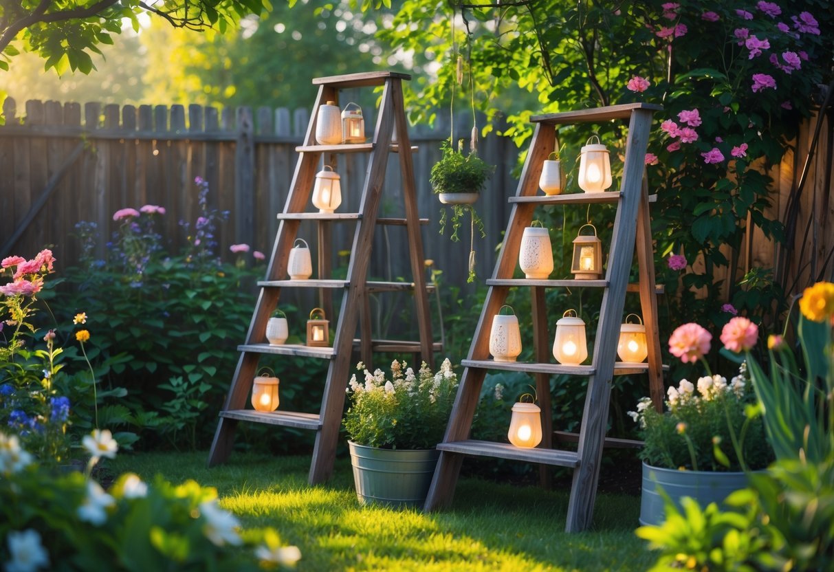24+ Garden Ideas Using Old Ladders: Creative Ways to Transform Your Outdoor Space in the US 8 A garden with old wooden ladders used as stands holding various lanterns surrounded by plants and flowers.