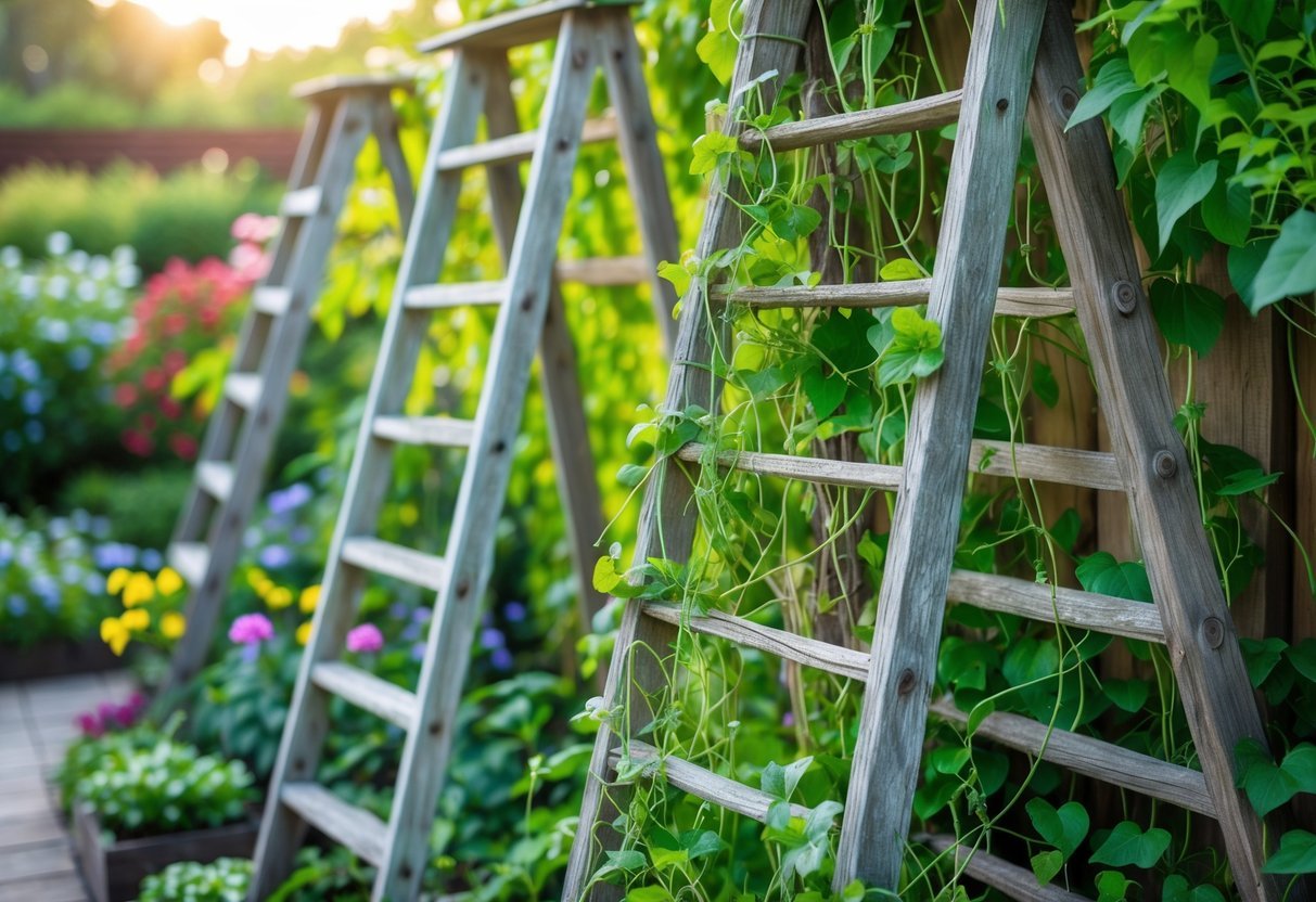 24+ Garden Ideas Using Old Ladders: Creative Ways to Transform Your Outdoor Space in the US 9 Old wooden ladders used as supports for climbing plants in a lush garden with colorful flowers.