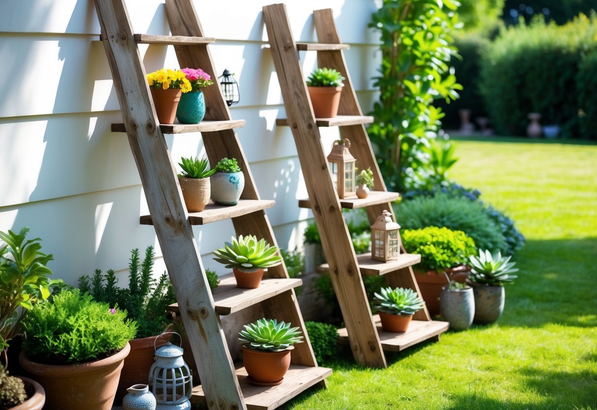 24+ Garden Ideas Using Old Ladders: Creative Ways to Transform Your Outdoor Space in the US 10 Old wooden ladders used as outdoor shelves holding potted plants and garden decorations against a garden wall.
