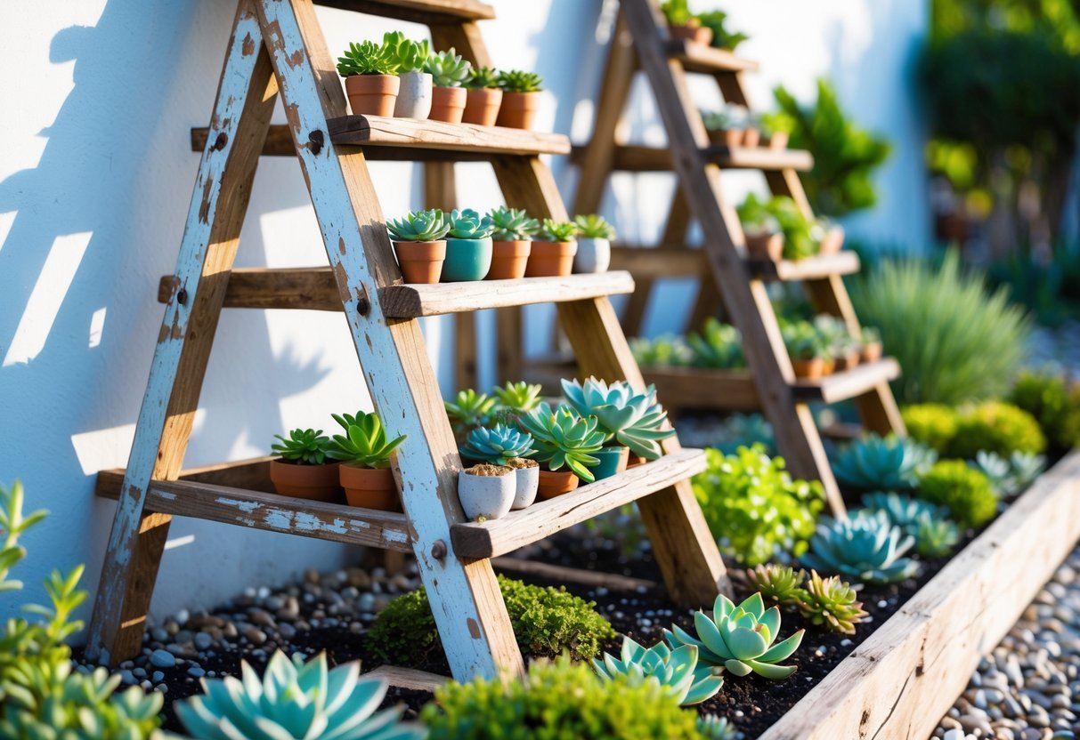 24+ Garden Ideas Using Old Ladders: Creative Ways to Transform Your Outdoor Space in the US 11 Old wooden ladders arranged outdoors holding multiple pots of various succulent plants against a bright wall.