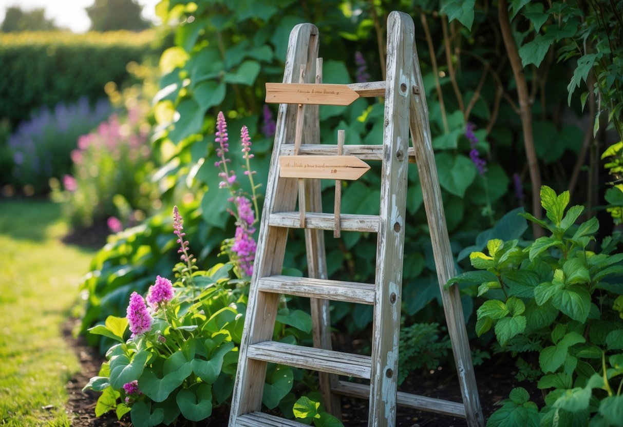 24+ Garden Ideas Using Old Ladders: Creative Ways to Transform Your Outdoor Space in the US 12 An old wooden ladder used as a signpost holder standing in a green garden with flowering plants and shrubs around it.