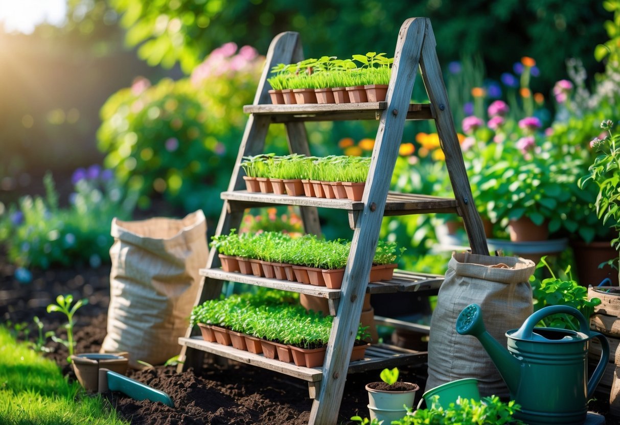 24+ Garden Ideas Using Old Ladders: Creative Ways to Transform Your Outdoor Space in the US 13 Old wooden ladders repurposed as plant stands holding small pots of green seedlings in a garden surrounded by gardening tools and plants.