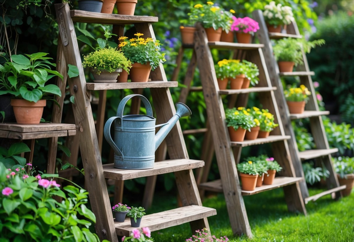 24+ Garden Ideas Using Old Ladders: Creative Ways to Transform Your Outdoor Space in the US 14 Old wooden ladders used as plant stands in a garden with potted flowers and a metal watering can placed on one of the ladder steps.