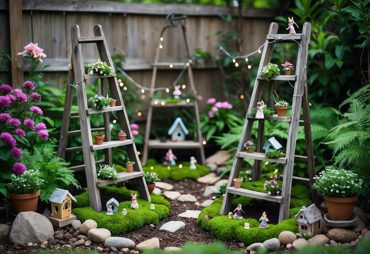 24+ Garden Ideas Using Old Ladders: Creative Ways to Transform Your Outdoor Space in the US 15 A garden scene with old wooden ladders decorated with small plants, flowers, miniature fairy houses, and figurines surrounded by greenery.