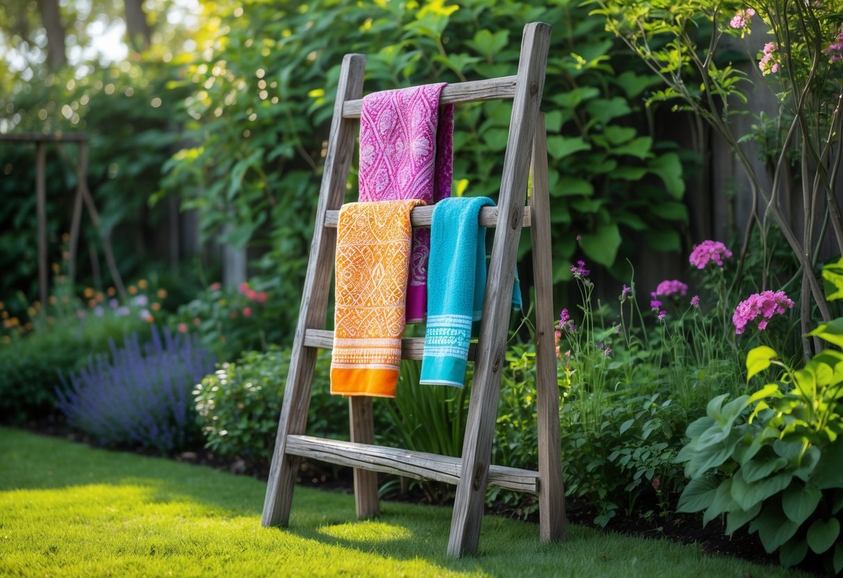 24+ Garden Ideas Using Old Ladders: Creative Ways to Transform Your Outdoor Space in the US 16 An old wooden ladder used as a towel rack standing in a garden with colorful towels and green plants around it.