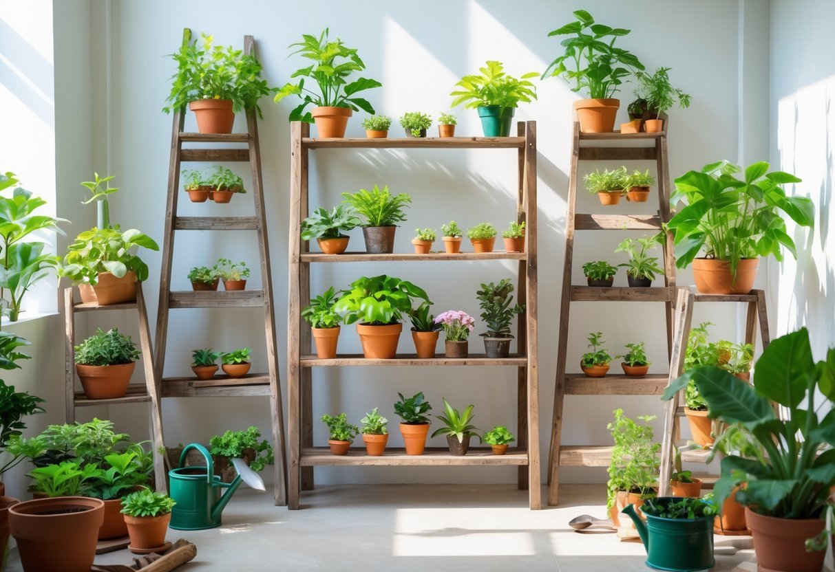 24+ Garden Ideas Using Old Ladders: Creative Ways to Transform Your Outdoor Space in the US 17 A potting station made from old wooden ladders holding various potted plants and gardening tools in a bright indoor space.