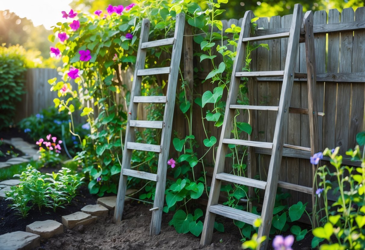 24+ Garden Ideas Using Old Ladders: Creative Ways to Transform Your Outdoor Space in the US 18 Old wooden ladders used as trellises supporting flowering climbing plants in a sunny garden.