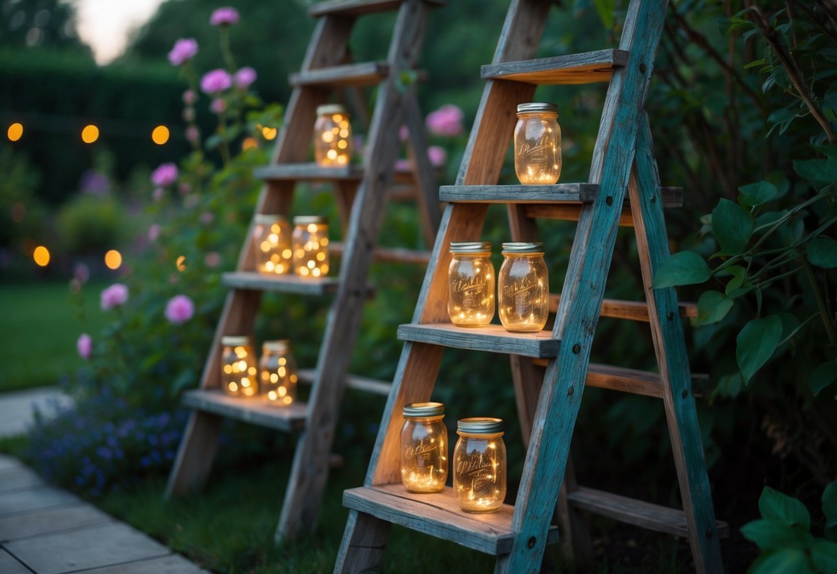 24+ Garden Ideas Using Old Ladders: Creative Ways to Transform Your Outdoor Space in the US 19 Outdoor garden scene with old wooden ladders holding glowing mason jar lights surrounded by plants.