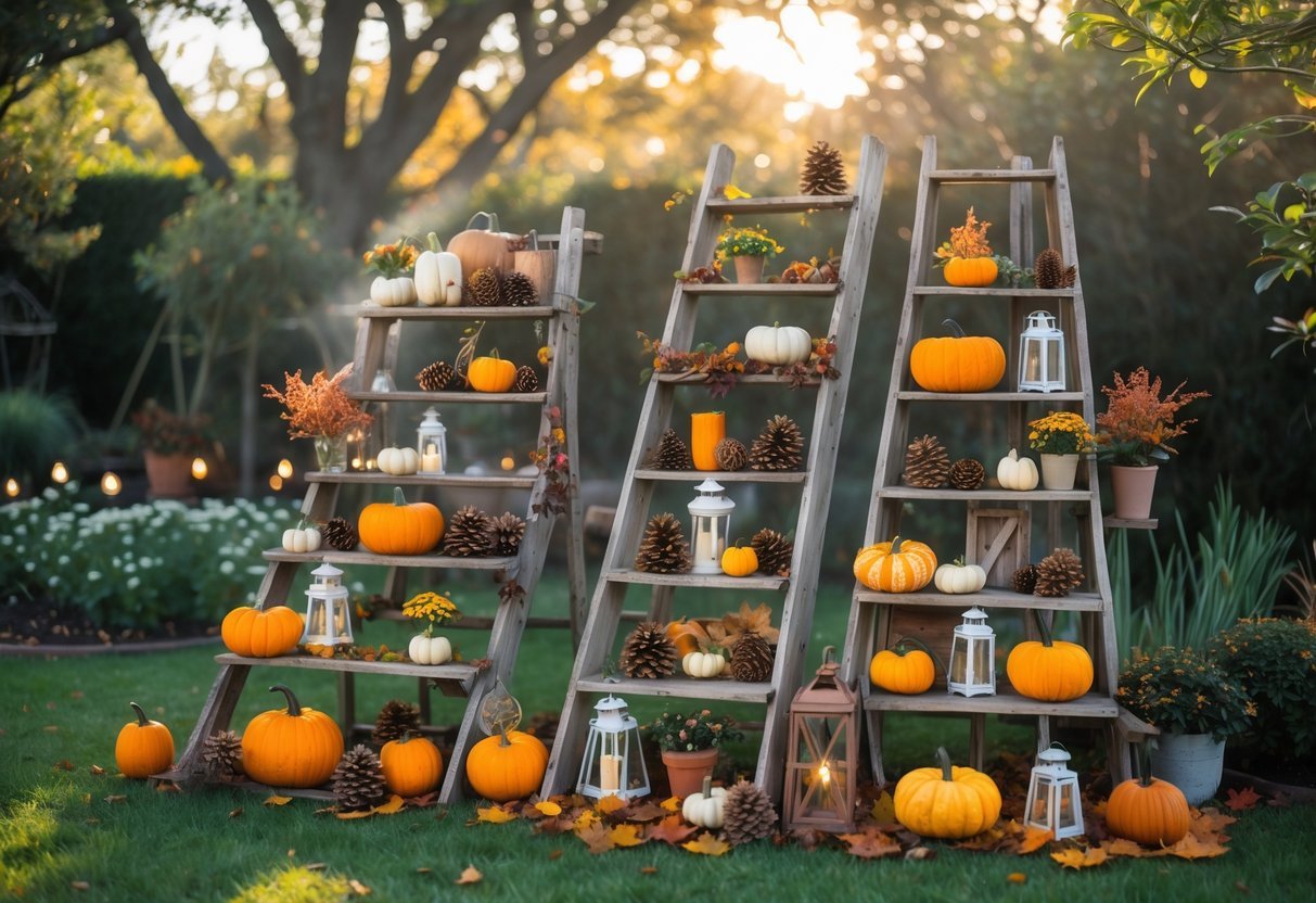 24+ Garden Ideas Using Old Ladders: Creative Ways to Transform Your Outdoor Space in the US 20 Old wooden ladders arranged outdoors in a garden displaying seasonal decorations like pumpkins, plants, and lanterns among green plants and flowers.
