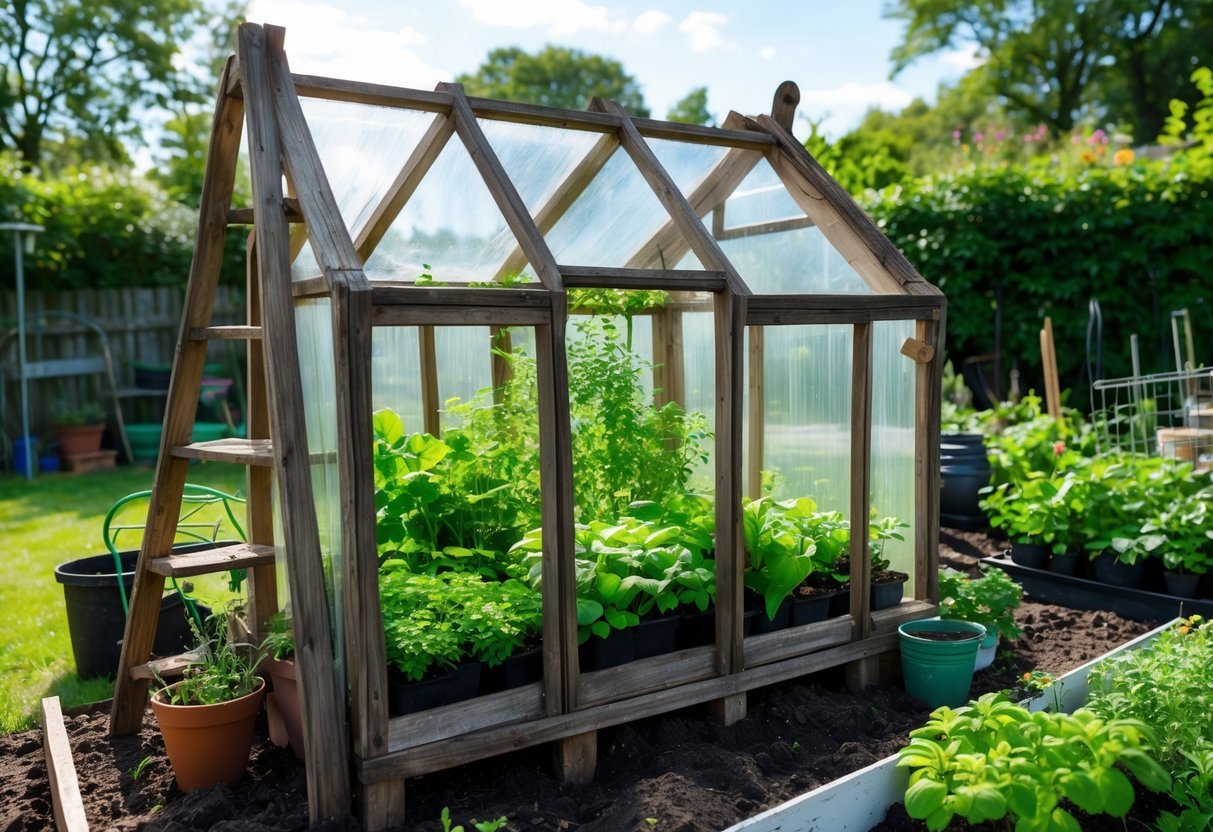 24+ Garden Ideas Using Old Ladders: Creative Ways to Transform Your Outdoor Space in the US 21 A small greenhouse frame made from old wooden ladders in a garden with plants growing inside and around it.