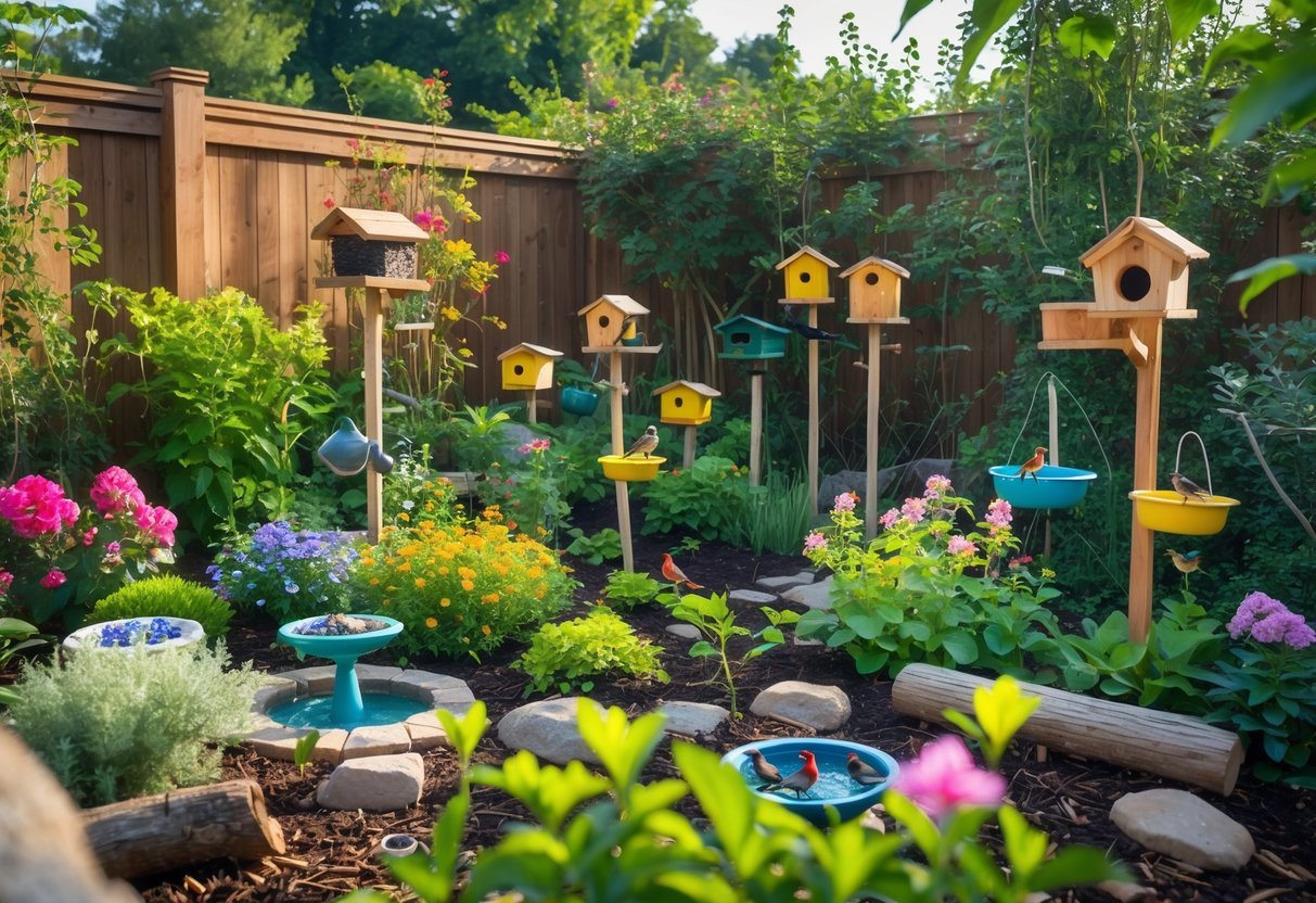 19+ Bird Friendly Garden Ideas: Essential Tips for Attracting Wildlife in Your US Backyard 2 A backyard garden with flowering plants, bird feeders, bird baths, and several small birds perched and feeding among the greenery.