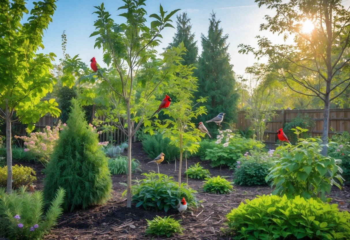 19+ Bird Friendly Garden Ideas: Essential Tips for Attracting Wildlife in Your US Backyard 3 A garden with native trees and shrubs attracting colorful songbirds perched on branches under a clear blue sky.