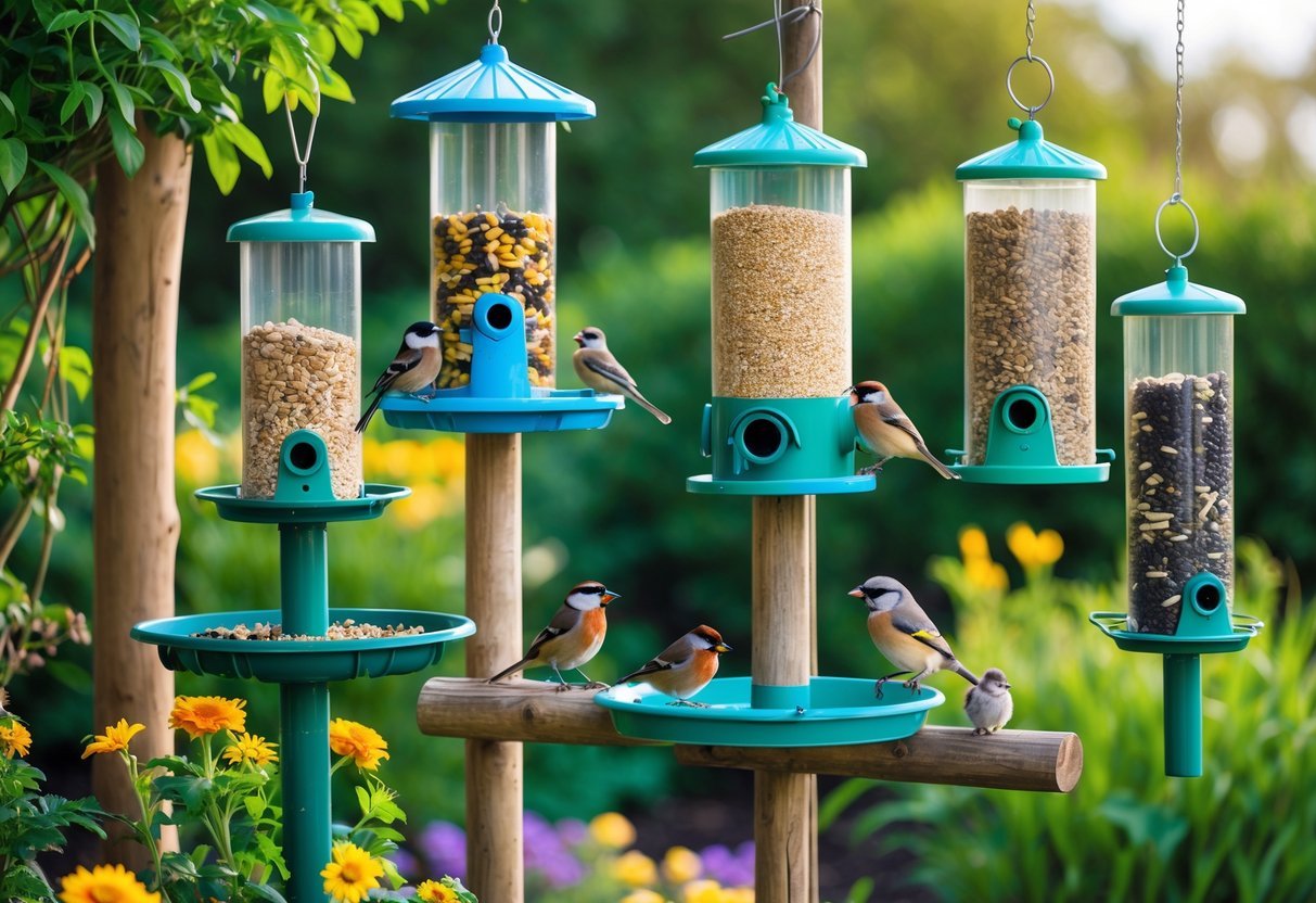19+ Bird Friendly Garden Ideas: Essential Tips for Attracting Wildlife in Your US Backyard 4 A garden with multiple bird feeders filled with different seeds and small birds feeding among green plants and colorful flowers.