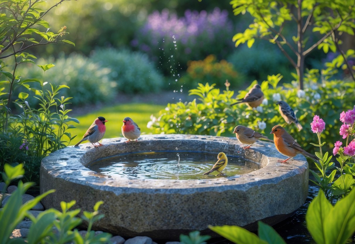 19+ Bird Friendly Garden Ideas: Essential Tips for Attracting Wildlife in Your US Backyard 5 A garden scene with a stone birdbath surrounded by green plants and colorful flowers, with small birds drinking and perched nearby.
