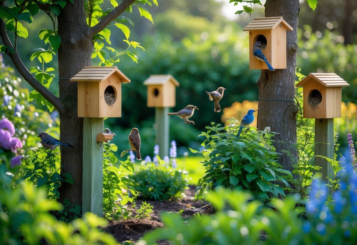 19+ Bird Friendly Garden Ideas: Essential Tips for Attracting Wildlife in Your US Backyard 6 A garden with wooden nesting boxes on trees and posts surrounded by plants and birds perched nearby.