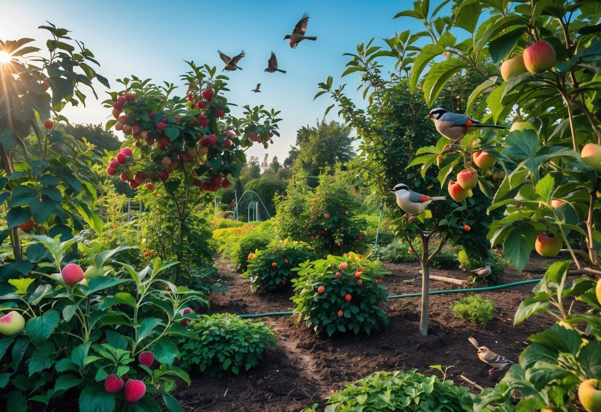19+ Bird Friendly Garden Ideas: Essential Tips for Attracting Wildlife in Your US Backyard 7 A garden with fruit-bearing plants and small birds perched on and flying around the plants.
