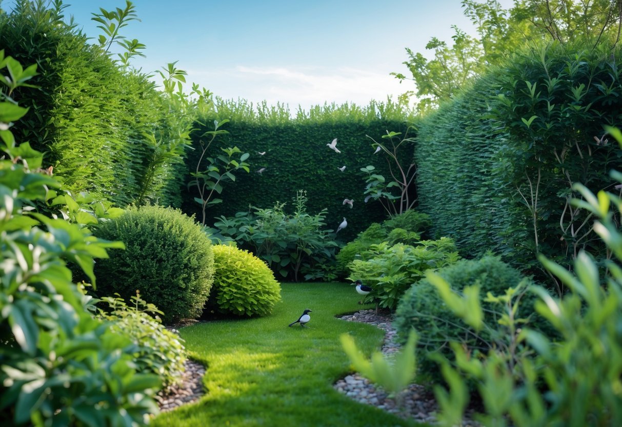 19+ Bird Friendly Garden Ideas: Essential Tips for Attracting Wildlife in Your US Backyard 8 A lush garden with dense green hedges providing shelter for small birds perched among the leaves.