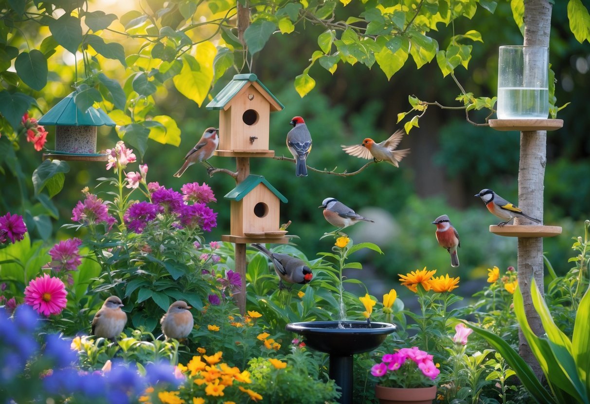19+ Bird Friendly Garden Ideas: Essential Tips for Attracting Wildlife in Your US Backyard 9 A garden with colorful flowers, bird feeders, birdhouses, and several birds perched and feeding among healthy plants.