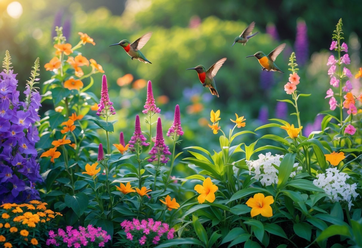 19+ Bird Friendly Garden Ideas: Essential Tips for Attracting Wildlife in Your US Backyard 10 A garden with colorful flowering plants attracting small nectar-feeding birds like hummingbirds and orioles among green foliage.
