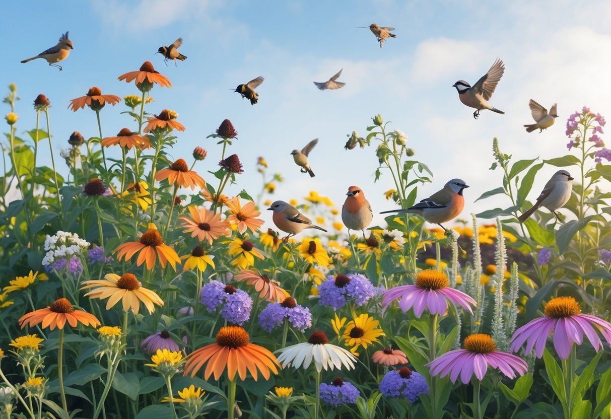 19+ Bird Friendly Garden Ideas: Essential Tips for Attracting Wildlife in Your US Backyard 11 A colorful wildflower patch with blooming flowers attracting bees, butterflies, and small birds in a sunny garden.