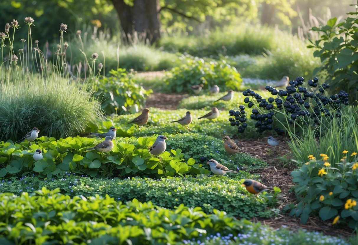 19+ Bird Friendly Garden Ideas: Essential Tips for Attracting Wildlife in Your US Backyard 12 A garden with dense ground cover plants and berry shrubs where small birds are foraging on the ground.