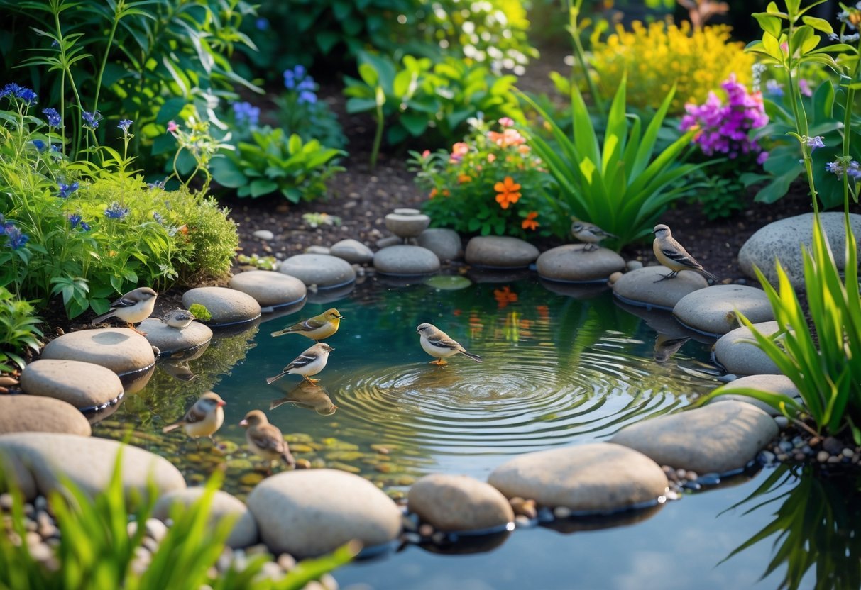19+ Bird Friendly Garden Ideas: Essential Tips for Attracting Wildlife in Your US Backyard 13 A small garden pond with shallow edges surrounded by plants and flowers, with birds drinking from the water.