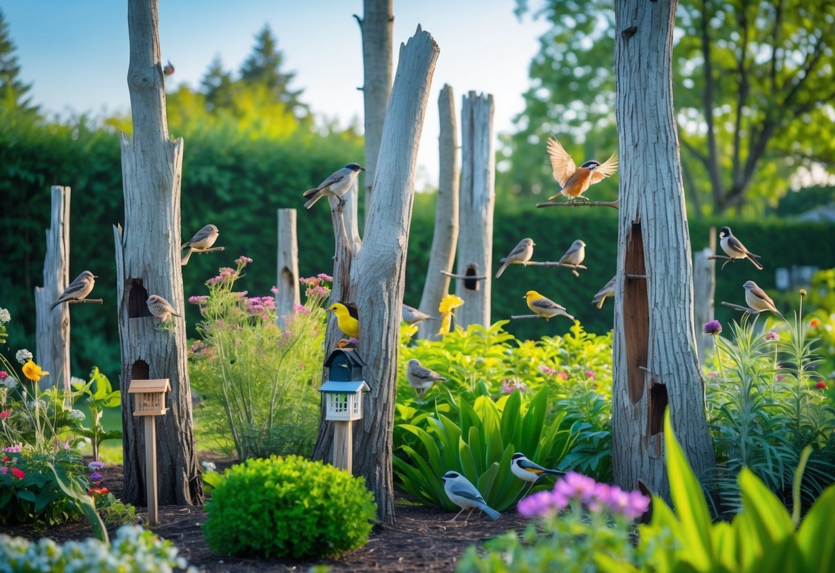 19+ Bird Friendly Garden Ideas: Essential Tips for Attracting Wildlife in Your US Backyard 14 A garden with dead trees and snags surrounded by green plants and colorful flowers, with small birds perched on the branches.