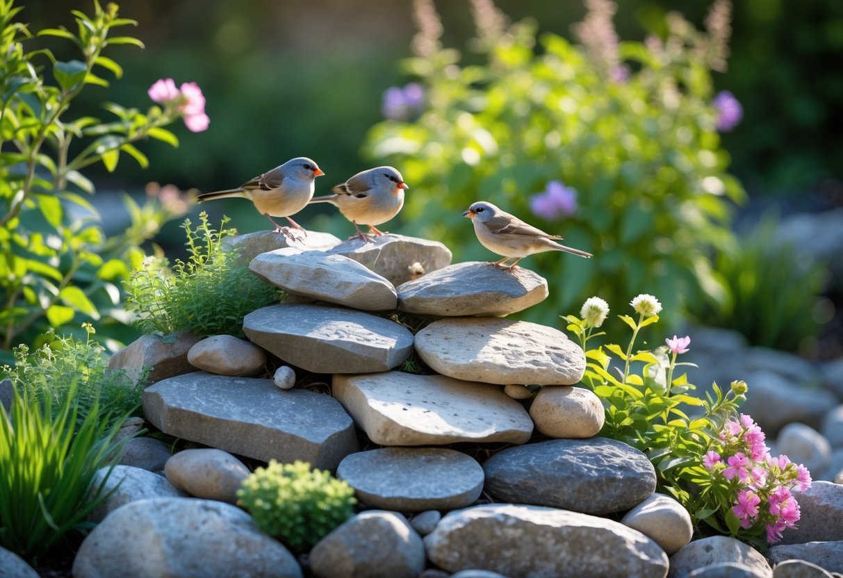 19+ Bird Friendly Garden Ideas: Essential Tips for Attracting Wildlife in Your US Backyard 15 A garden with a natural rock pile surrounded by plants and small birds perched on the stones.