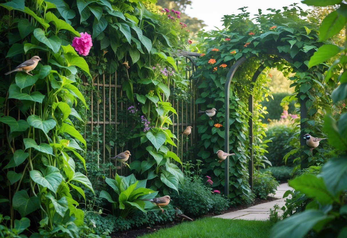 19+ Bird Friendly Garden Ideas: Essential Tips for Attracting Wildlife in Your US Backyard 16 A garden with climbing plants covering trellises and arches, with small birds perched among the leaves and flowers.
